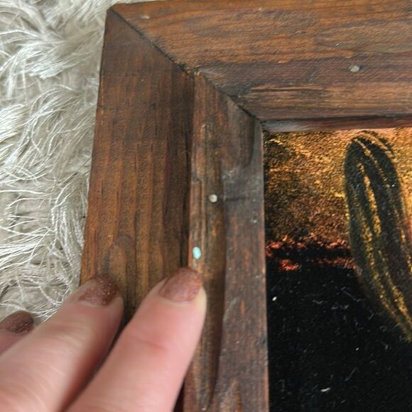 Vintage Desert Sunset Black Velvet Painting Wooden Framed Desert Landscape - Picture 14 of 17